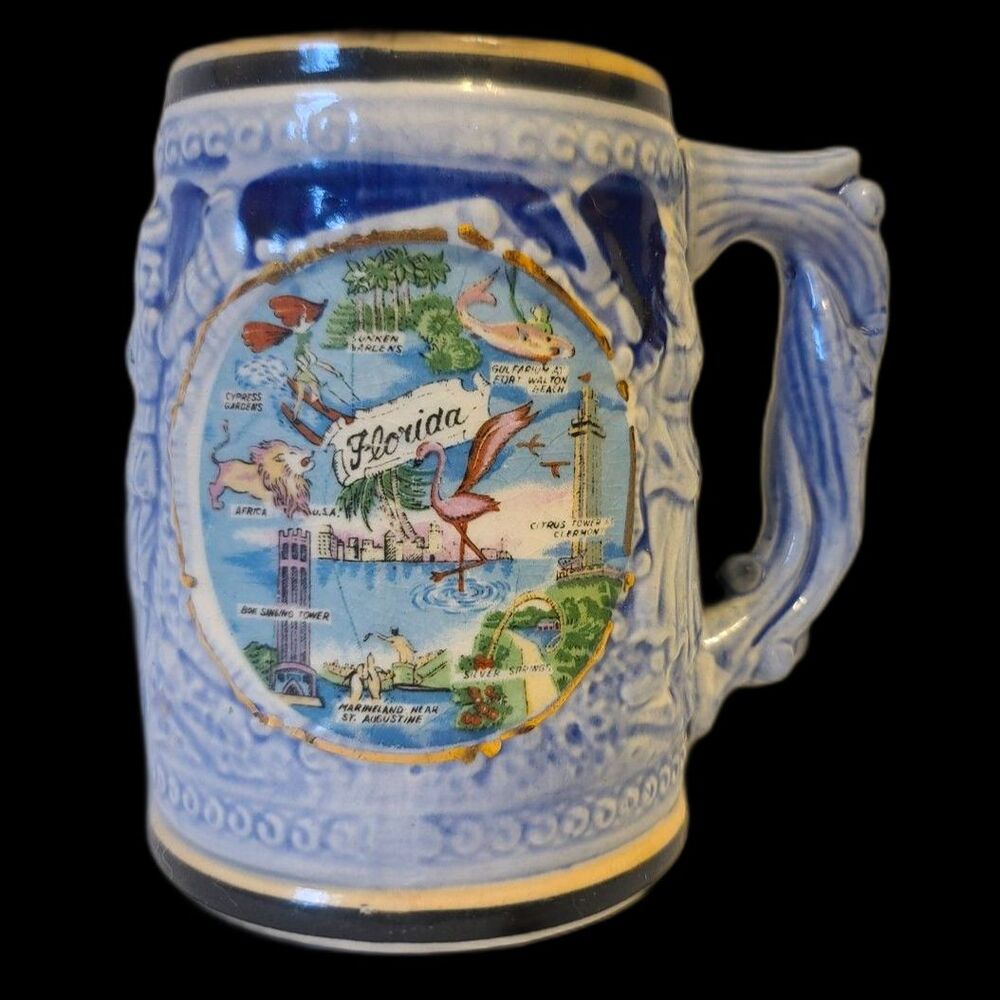Florida‎ Destinations Souvenir Embossed Blue Beer Stein Coffee Drink Mug Vintage